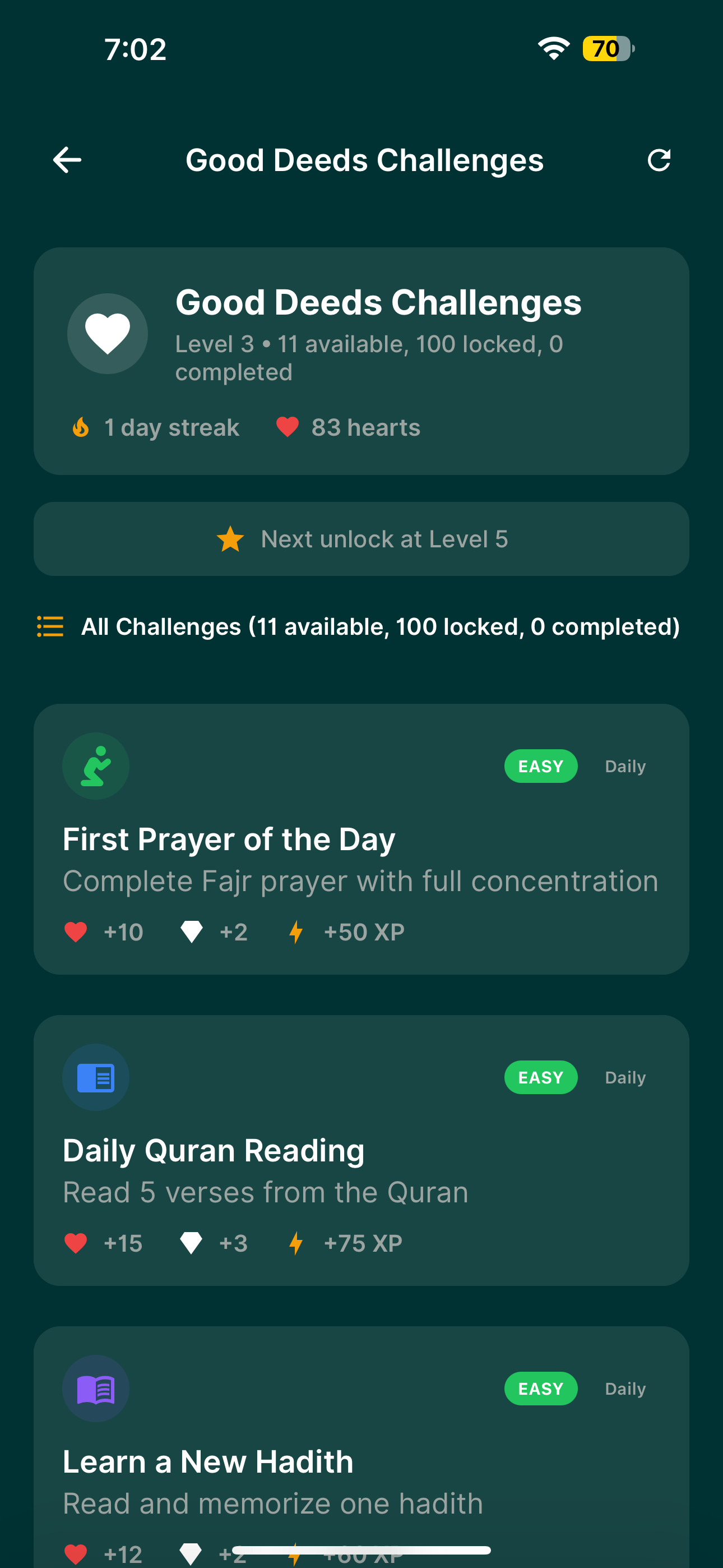 ZikrSoul App - Good Deeds Challenges - Dark Mode
